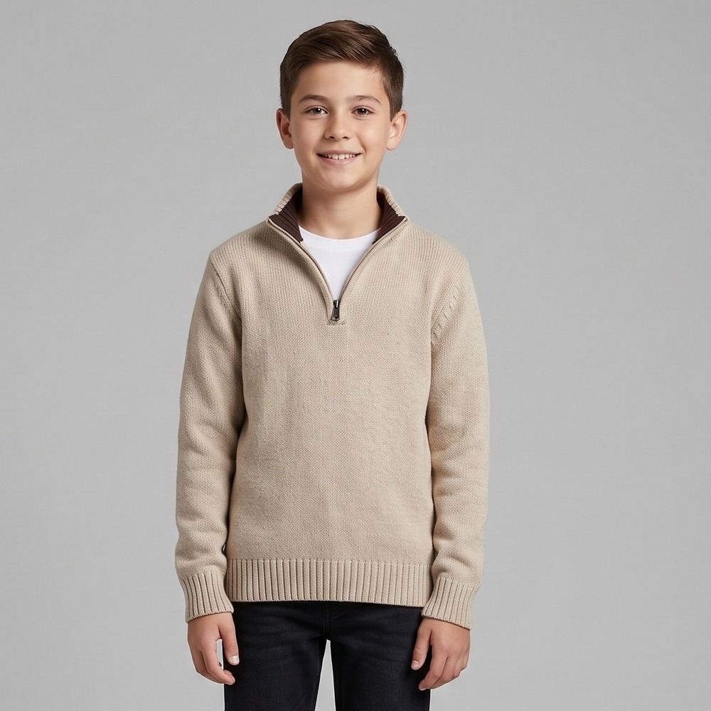 Cherokee Kids L 12/14 Tan Quarter‎ Zip Sweater Mock Neck Cotton Ribbed Trim